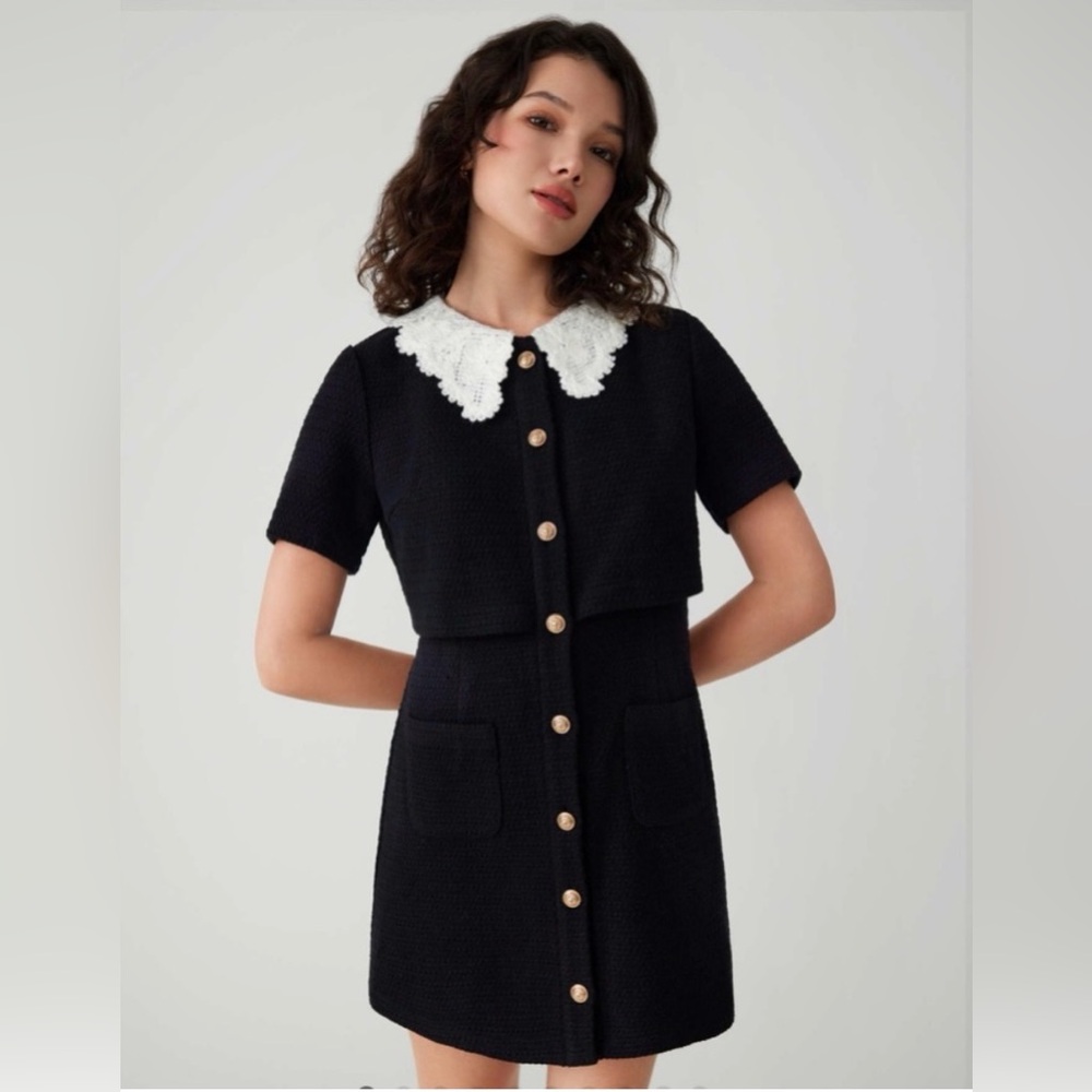 Cider Black Mini Dress with White Collar